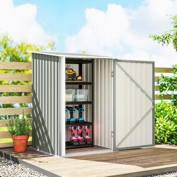 Outsunny Căsuță de Grădină 0.92m² din Oțel Galvanizat, Depozit pentru Unelte cu Ușă Batantă și Sistem de Blocare, Acoperiș Înclinat, 100x104x160 cm, Gri Deschis | Aosom Romania