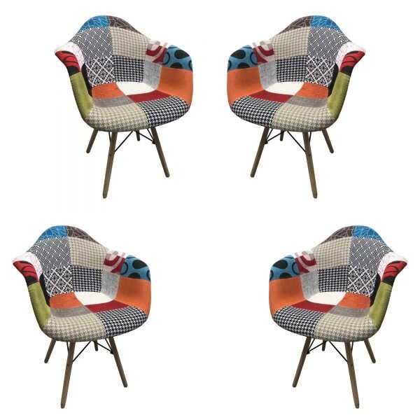 Set 4 scaune dining de tip fotoliu Lotus, textil patchwork multicolor, picioare lemn+metal