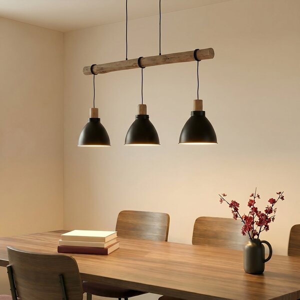 Lindby Lampă suspendată Trebale, E27, Ø 28 cm, 3 becuri, lemn, reglabil, Negru, Camera de zi / sufragerie, Metal, Scandinavă