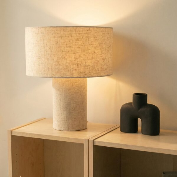 Lindby Lampă de masă Elfie, Ø 35 cm, bej, in, E27, Bej, Camera de zi / sufragerie, Țesătură / Textil, Scandinavă