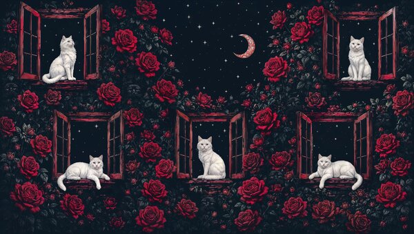 Fototapet Un grup de pisici așezate pe pervazul ferestrei, înconjurate de trandafiri, Fototapet animale, Fototapet populare, t00937 - Tapeko.ro