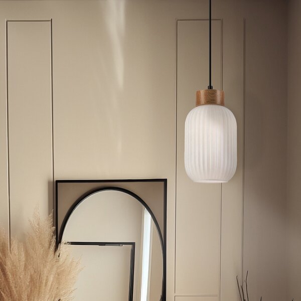 Lamkur Lampă suspendată Harmony, Ø 14 cm, alb/stejar, sticlă/lemn, reglabil, Alb, Camera de zi / sufragerie, Sticlă, Scandinavă