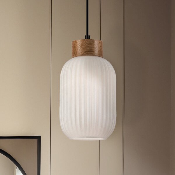 Lamkur Lampă suspendată Harmony, Ø 14 cm, alb/stejar, sticlă/lemn, reglabil, Alb, Camera de zi / sufragerie, Sticlă, Scandinavă