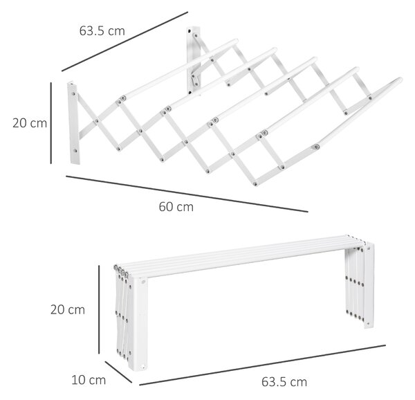 HOMCOM Uscător de Rufe Retractabil pentru Perete, Uscător Pliabil Economisitor de Spațiu din Metal pentru Interior și Exterior, 63,5x60x20 cm, Alb | Aosom Romania