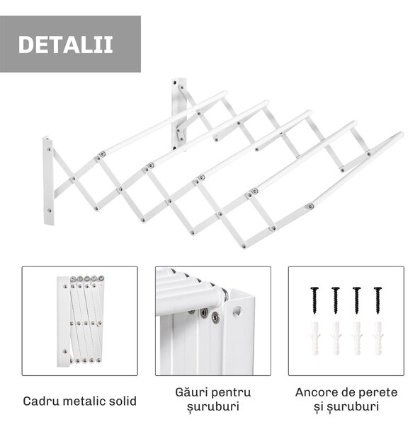 HOMCOM Uscător de Rufe Retractabil pentru Perete, Uscător Pliabil Economisitor de Spațiu din Metal pentru Interior și Exterior, 63,5x60x20 cm, Alb | Aosom Romania