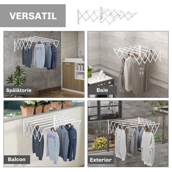 HOMCOM Uscător de Rufe Retractabil pentru Perete, Uscător Pliabil Economisitor de Spațiu din Metal pentru Interior și Exterior, 63,5x60x20 cm, Alb | Aosom Romania