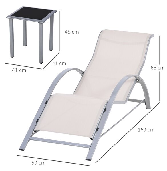 Outsunny Set de 2 Șezlonguri și Măsuță cu Blat din Sticlă, 59x169x66 cm, Crem | Aosom Romania