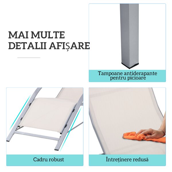Outsunny Set de 2 Șezlonguri și Măsuță cu Blat din Sticlă, 59x169x66 cm, Crem | Aosom Romania