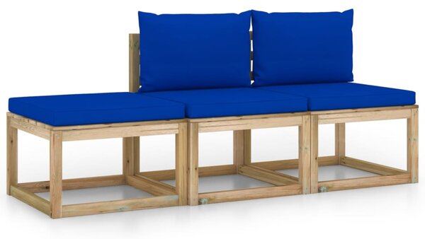Set mobilier de grădină cu perne albastre, 3 piese