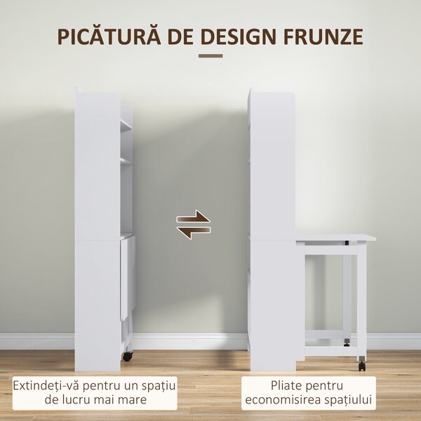 HOMCOM Birou cu Rafturi, Blat Pliabil, 2 Roți și 4 Rafturi, Birou Compact Modern cu Orificiu pentru Cabluri, Masă pentru Computer, Casă Birou Cameră de Studiu, 80x69x155 cm, Alb | Aosom Romania