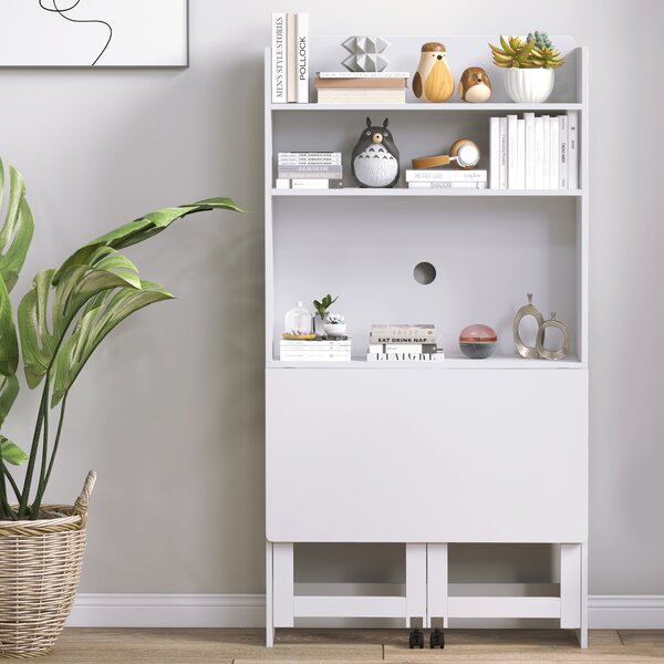 HOMCOM Birou cu Rafturi, Blat Pliabil, 2 Roți și 4 Rafturi, Birou Compact Modern cu Orificiu pentru Cabluri, Masă pentru Computer, Casă Birou Cameră de Studiu, 80x69x155 cm, Alb | Aosom Romania