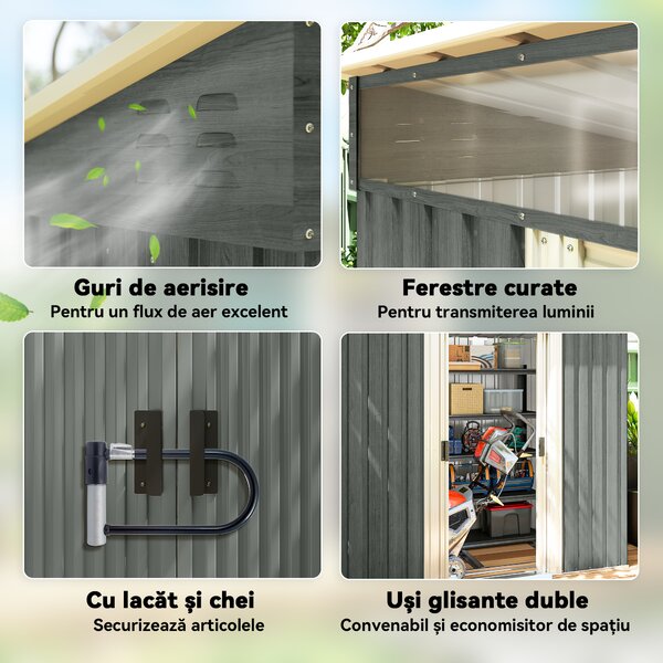 Outsunny Căsuță de Grădină 6.5 x 4FT din Metal Galvanizat cu Fundație, Magazin cu Uși Duble Culisante și 2 Guri de Aerisire, Gri | Aosom Romania
