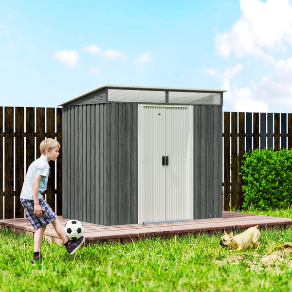 Outsunny Căsuță de Grădină 6.5 x 4FT din Metal Galvanizat cu Fundație, Magazin cu Uși Duble Culisante și 2 Guri de Aerisire, Gri | Aosom Romania