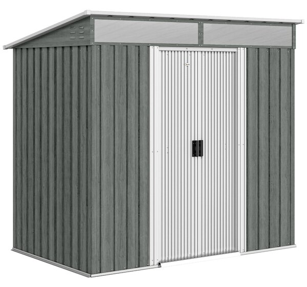 Outsunny Căsuță de Grădină 6.5 x 4FT din Metal Galvanizat cu Fundație, Magazin cu Uși Duble Culisante și 2 Guri de Aerisire, Gri | Aosom Romania
