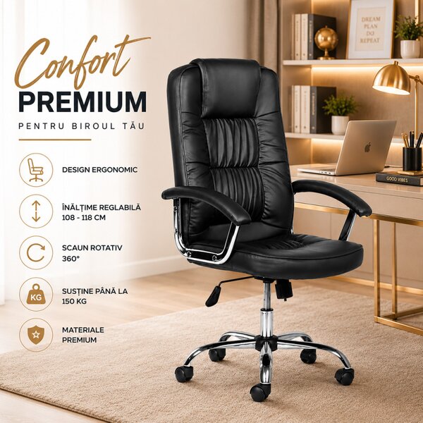 Scaun ergonomic directorial, inaltime reglabila 108-118 cm, sarcina maxima 150 kg, piele ecologica, negru