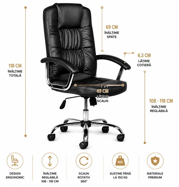 Scaun ergonomic directorial, inaltime reglabila 108-118 cm, sarcina maxima 150 kg, piele ecologica, negru