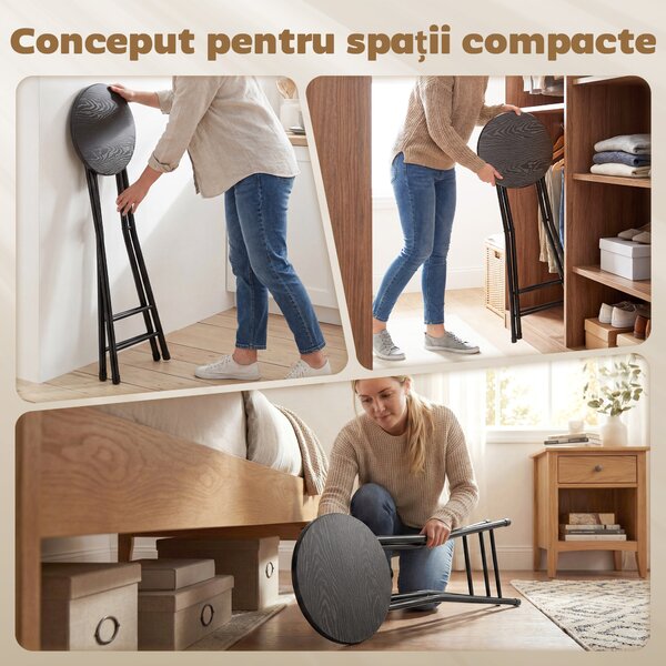 HOMCOM Set 2 Scaune de Bar Pliabile, Scaune de Bucătărie Înalte Rotunde cu 2 Suporturi pentru Picioare, Structură din Lemn și Oțel, Scaune de Bar, pentru Insulă, Negru | Aosom Romania