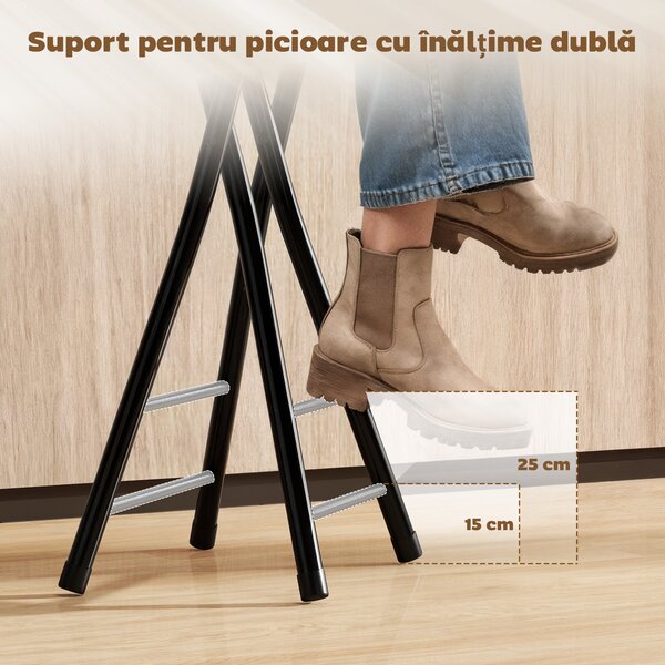 HOMCOM Set 2 Scaune de Bar Pliabile, Scaune de Bucătărie Înalte Rotunde cu 2 Suporturi pentru Picioare, Structură din Lemn și Oțel, Scaune de Bar, pentru Insulă, Negru | Aosom Romania