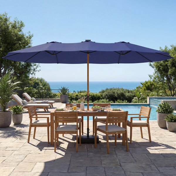 Outsunny Umbrelă Dublă de Grădină 4.7x2.8 m, Umbrelă de Exterior cu Manivelă, Bază Cruce, Saci de Nisip, Husă de Protecție, 12 Spițe, Anti-UV, pentru Terasă și Balcon, Albastru Închis | Aosom Romania