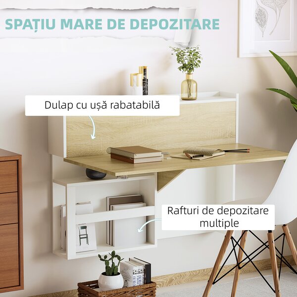 HOMCOM Birou suspendat, pliabil cu compartimente de depozitare pentru spatii mici, alb | Aosom Romania