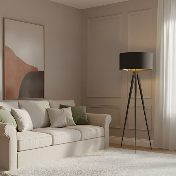Lindby lampadar Benik, trepied, textil, negru/galben, 153cm, Negru, Camera de zi / sufragerie, Țesătură / Textil, Modern