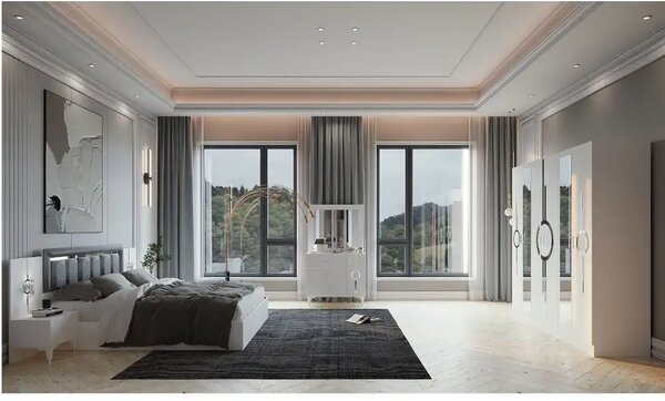 Dormitor Carol, sifonier, comoda, noptiera, pat cu lada Homs, alb, 220x210x50 cm
