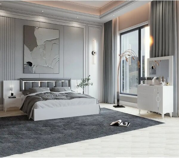 Dormitor Carol, sifonier, comoda, noptiera, pat cu lada Homs, alb, 220x210x50 cm