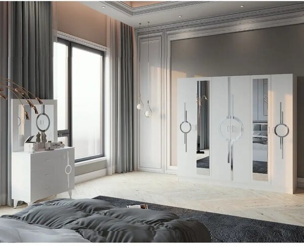 Dormitor Carol, sifonier, comoda, noptiera, pat cu lada Homs, alb, 220x210x50 cm