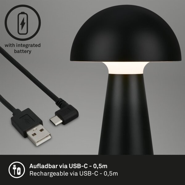 Briloner - Lampă de masă LED pentru exterior, reîncărcabilă, dimmabilă, cu senzor tactil, LED/2,6W/5V 3000K IP44, neagră