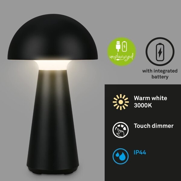 Briloner - Lampă de masă LED pentru exterior, reîncărcabilă, dimmabilă, cu senzor tactil, LED/2,6W/5V 3000K IP44, neagră