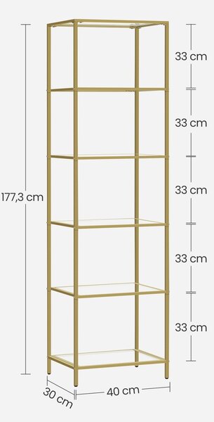 Raft înalt cu 6 polițe din sticlă securizată, cadru metalic, Auriu/Transparent, 40 × 30 × 177,3 cm