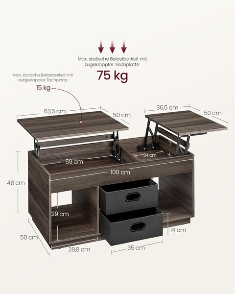 Masuta de cafea extensibila Vasagle Cafeniu 100x50x48.5 cm