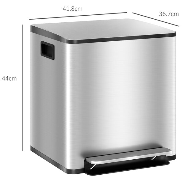 HOMCOM Coș de Gunoi cu 2 Compartimente de 15L cu Pedală, și Capac Silențios din Oțel, 41,8x36,7x44 cm, Argintiu | Aosom Romania