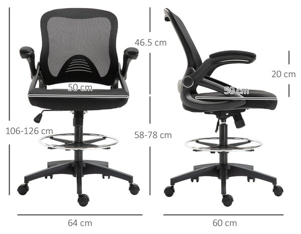 Vinsetto Scaun de Birou cu Înălțime Reglabilă, Brațe Rabatabile și Suport pentru Picioare, 64x60x106-126 cm, Negru | Aosom Romania