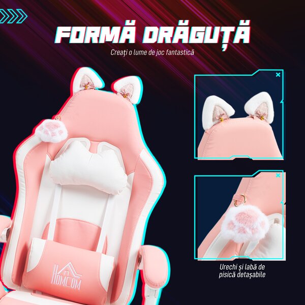 HOMCOM Scaun de Gaming Ergonomic cu Urechi de Pisică, Suport pentru Picioare și Suport Lombar, 65x62x116-124 cm, Roz | Aosom Romania