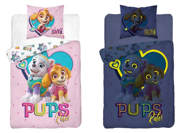 Lenjerie de pat luminoasa PAW PATROL Pups rule roz Dimensiune lenjerie de pat: 70 x 80 cm | 140 x 200 cm