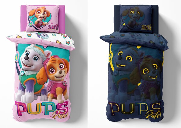 Lenjerie de pat luminoasa PAW PATROL Pups rule roz Dimensiune lenjerie de pat: 70 x 80 cm | 140 x 200 cm