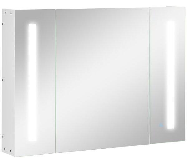 Kleankin Dulap de Baie LED cu Oglindă, 3 Uși și Rafturi Reglabile, Organizator de Depozitare Reglabil, 90x15x65 cm, Alb | Aosom Romania