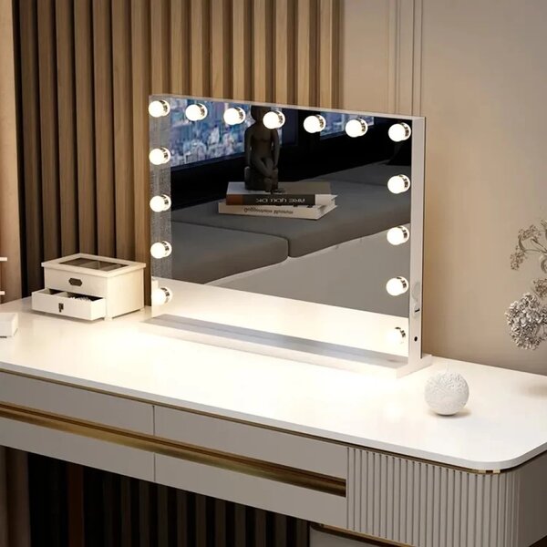 RESIGILAT- Oglindă cosmetică, sistem iluminare LED cu 3 culori, Senzor Tactil, Luminozitate Reglabilă, USB, Alb, GLAM 15
