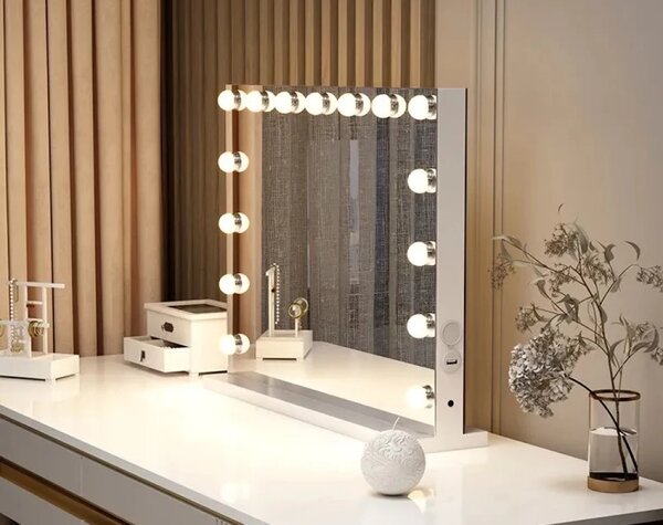 RESIGILAT- Oglindă cosmetică, sistem iluminare LED cu 3 culori, Senzor Tactil, Luminozitate Reglabilă, USB, Alb, GLAM 15