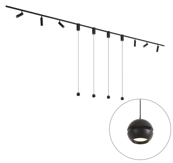 Sistem de iluminat pe șină modern negru cu 6 spoturi și 4 lămpi suspendate Easylift monofazate - Slimline Uzzy Tira