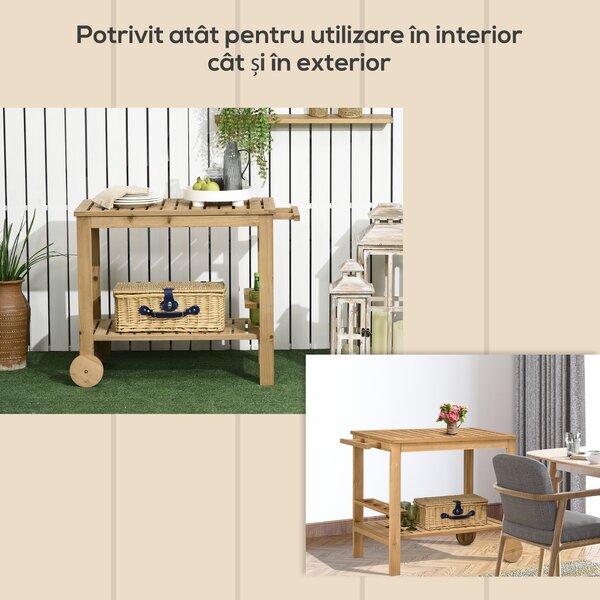 Outsunny Carucior de Grădină cu Roți din Lemn de Brad, Carucior de Servire cu Rafturi din Șipci, 2 Rafturi, 3 Suporturi pentru Sticle și Mâner, pentru Grădină Terasă Patio 95x47x74 cm, Culoare Lemn | Aosom Romania