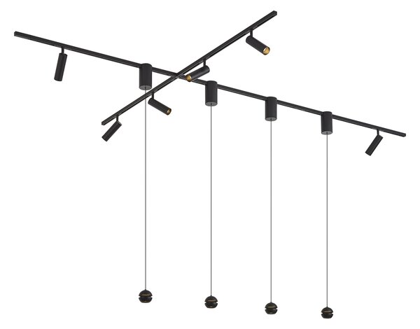 Sistem de iluminat pe șină modern negru cu 6 spoturi și 4 lămpi suspendate Easylift monofazate - Slimline Uzzy Tira