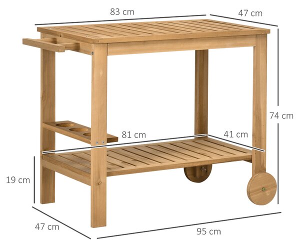 Outsunny Carucior de Grădină cu Roți din Lemn de Brad, Carucior de Servire cu Rafturi din Șipci, 2 Rafturi, 3 Suporturi pentru Sticle și Mâner, pentru Grădină Terasă Patio 95x47x74 cm, Culoare Lemn | Aosom Romania