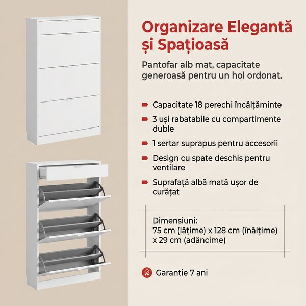 Pantofar Adore Extra, 3 compartimente, capacitate 18 perechi incaltaminte, Alb - Nuc, 75x128x29 cm