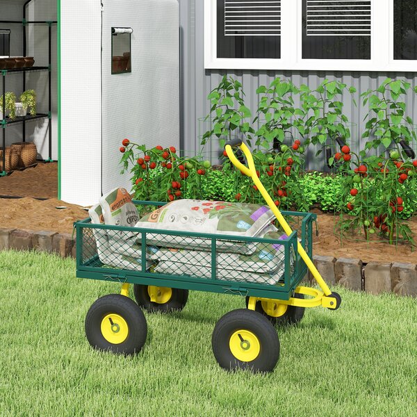 Outsunny Cărucior de Grădină Robust, Remorcă din Oțel cu Pereți Laterali Detașabili, Convertibil în Platformă, Roți de 25cm, Mâner Rotativ la 180°, Capacitate 200 kg, pentru Plajă, Peluză și Grădină, Verde | Aosom Romania