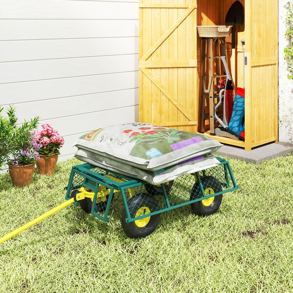 Outsunny Cărucior de Grădină Robust, Remorcă din Oțel cu Pereți Laterali Detașabili, Convertibil în Platformă, Roți de 25cm, Mâner Rotativ la 180°, Capacitate 200 kg, pentru Plajă, Peluză și Grădină, Verde | Aosom Romania