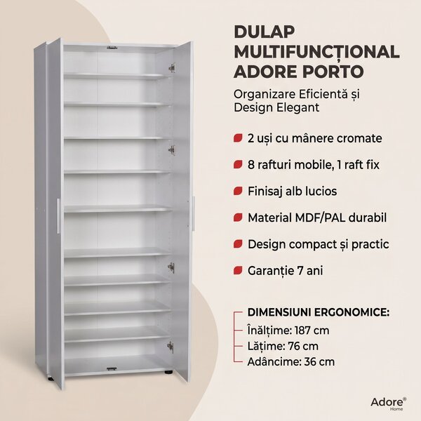 Dulap Multifunctional Adore Porto, 2 usi, 8 rafturi, Alb, 76x187x36 cm