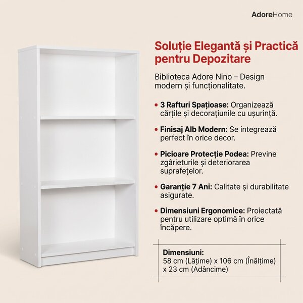 Biblioteca Adore Nino, 3 rafturi, Alb - Stejar, 58x106x23 cm