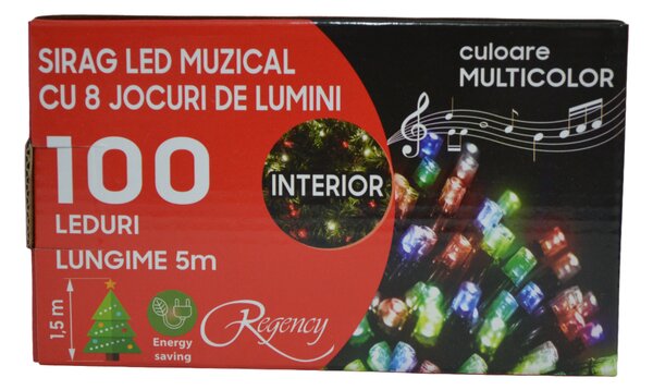 Instalatie de Craciun, sirag luminos muzical, cu 8 jocuri de lumini, 100 LED-uri multicolore, 5 m